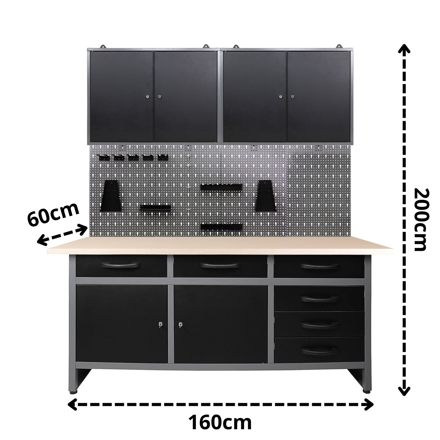 Kit fai da te 2 – Banco da lavoro con cassetti e armadietti, pannello forato e due armadietti a muro in metallo con serratura per officine e garage