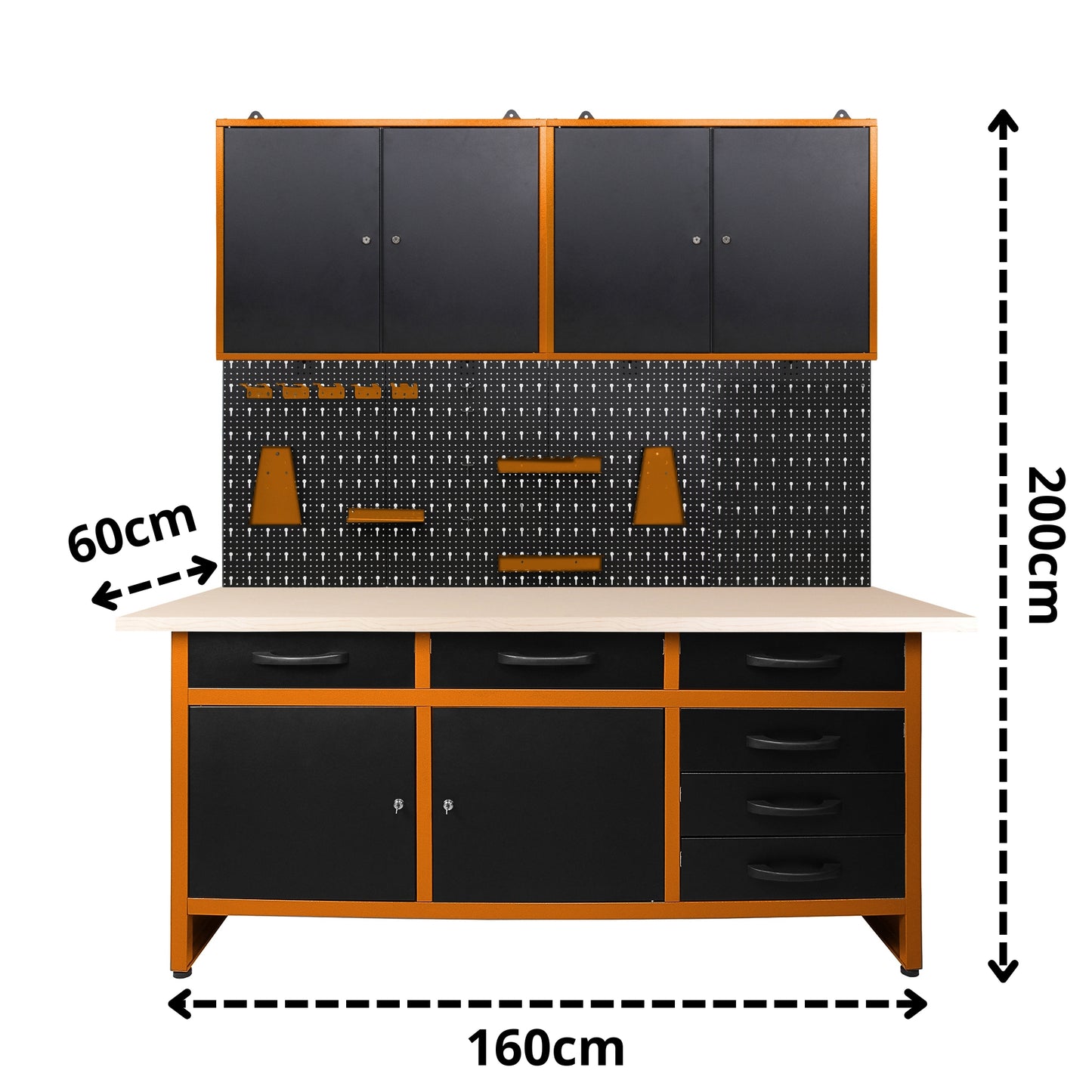 Kit fai da te 2 – Banco da lavoro con cassetti e armadietti, pannello forato e due armadietti a muro in metallo con serratura per officine e garage