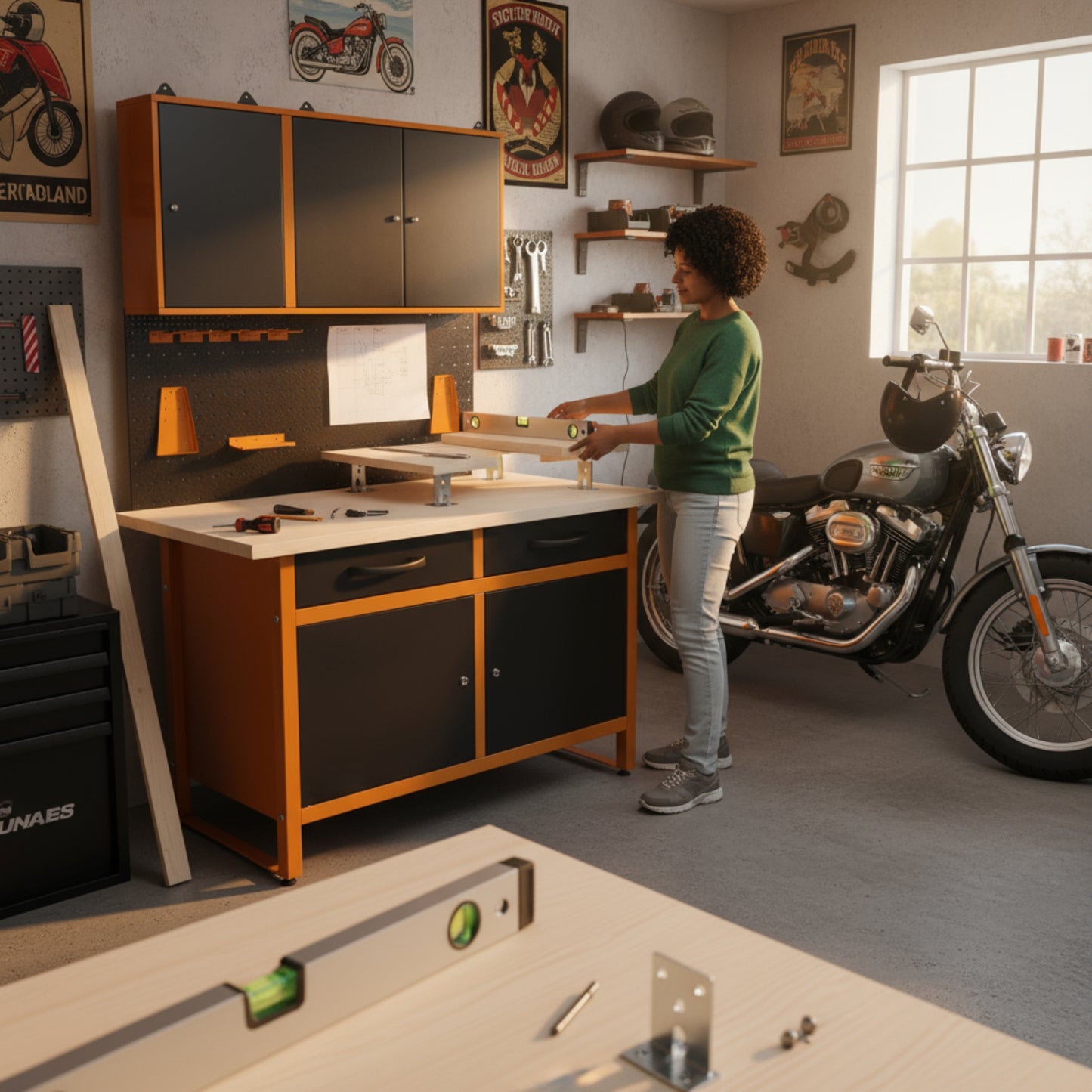 Brico-Motero Pack 2 – Banco da lavoro compatto con due pensili separati e pannello forato per piccoli garage e officine personali