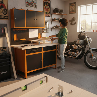 Brico-Motero Pack 2 – Banco da lavoro compatto con due pensili separati e pannello forato per piccoli garage e officine personali