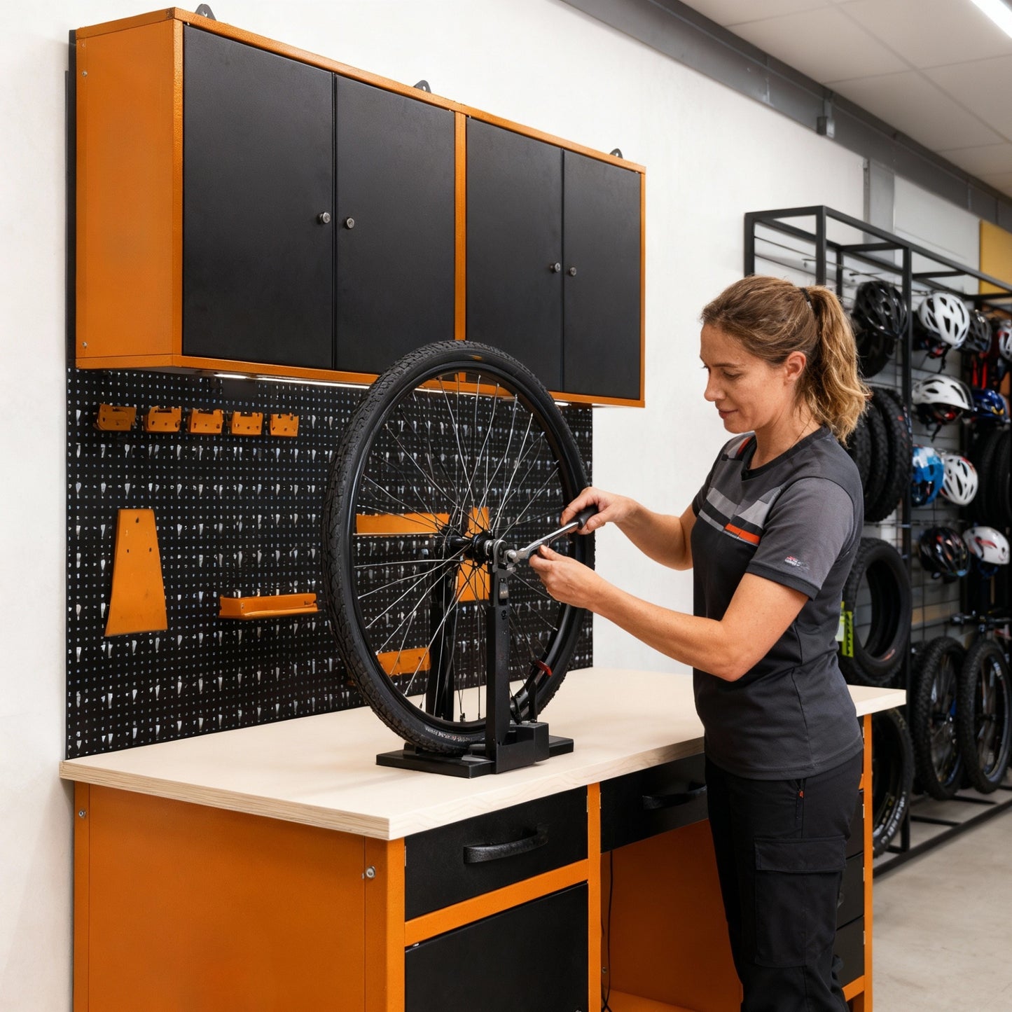 Brico-Garage 2 Pack – Banco da lavoro con nicchia centrale, pannelli forati e doppi armadietti superiori con serratura per officina e garage