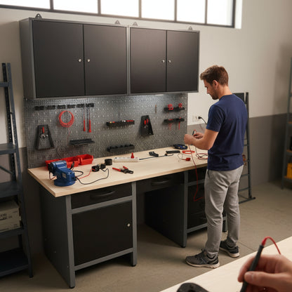 Brico-Garage 2 Pack – Banco da lavoro con nicchia centrale, pannelli forati e doppi armadietti superiori con serratura per officina e garage