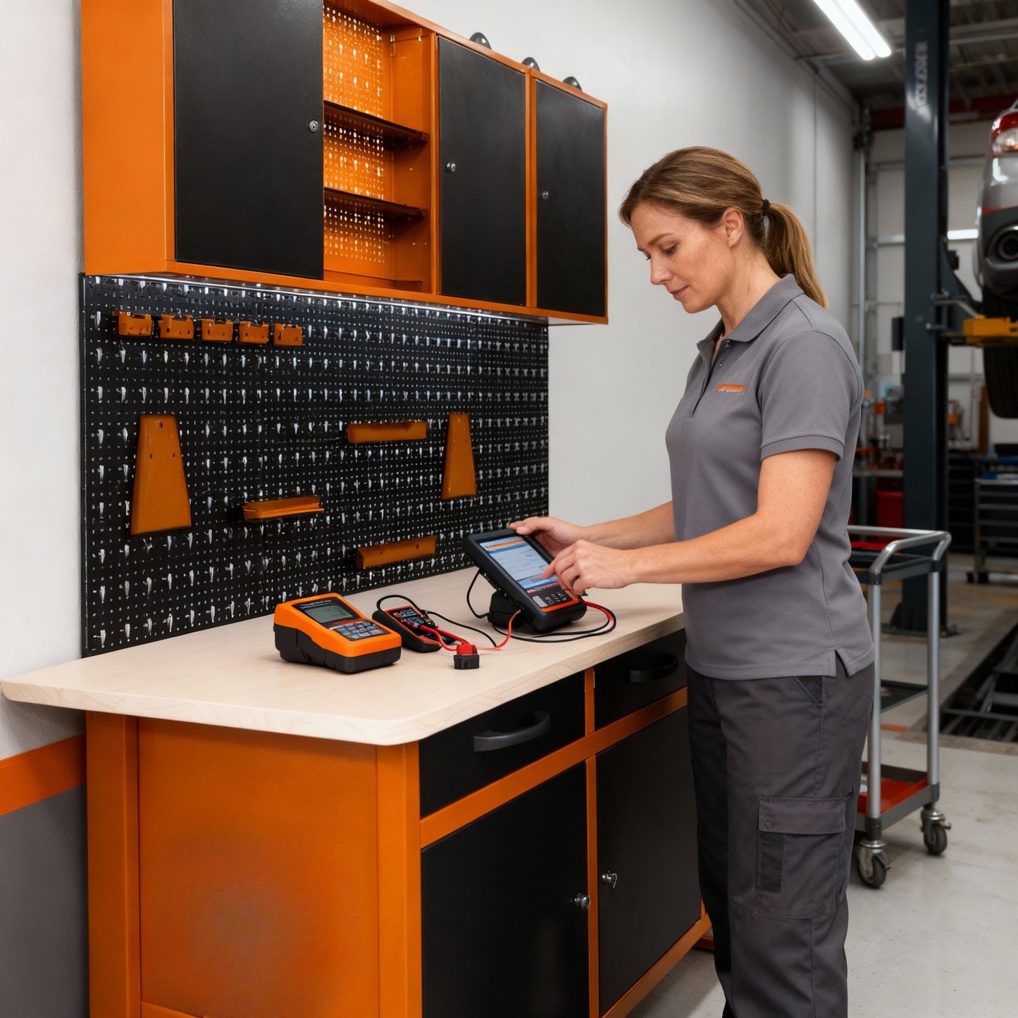 Kit fai da te 1 – Banco da lavoro con cassetti, armadietti da parete in metallo e pannello forato per officine e garage domestici