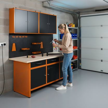 Kit fai da te 2 – Banco da lavoro con cassetti e armadietti, pannello forato e due armadietti a muro in metallo con serratura per officine e garage