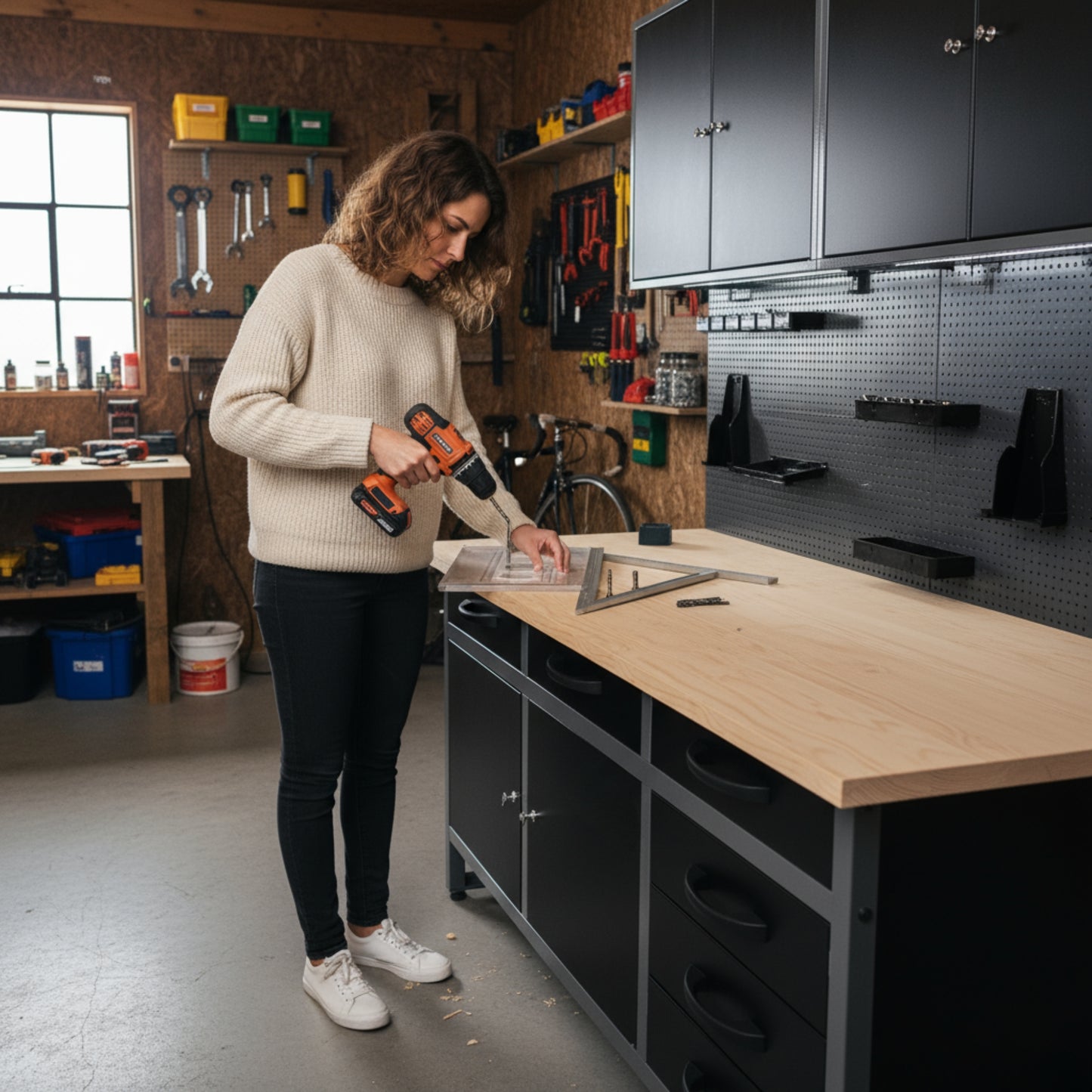 Kit fai da te 2 – Banco da lavoro con cassetti e armadietti, pannello forato e due armadietti a muro in metallo con serratura per officine e garage