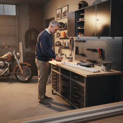 Pacchetto di stoccaggio professionale 1 – Banco da lavoro con 15 cassetti, armadi a muro e pannello forato per i professionisti dello stoccaggio in officina o in garage