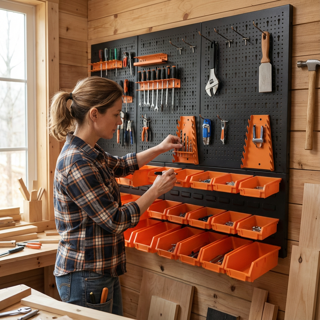 Kit di 5 pannelli forati e fessurati + ganci e staffe + contenitori portaoggetti - HPTH02