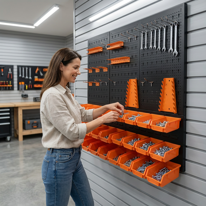 Kit di 5 pannelli forati e fessurati + ganci e staffe + contenitori portaoggetti - HPTH02