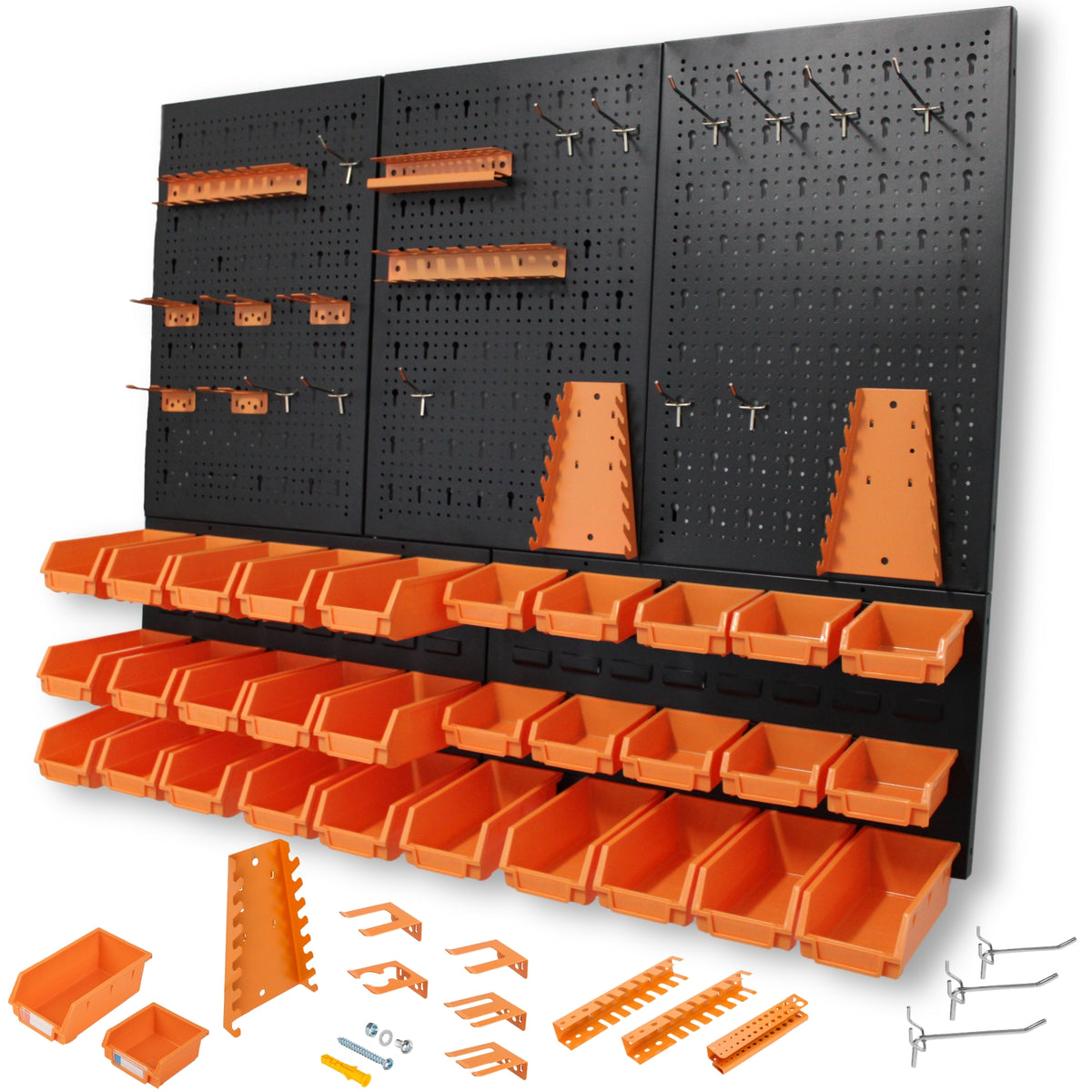 Panel perforado del Pack Brico-Hobbies con cajas de ordenación naranjas