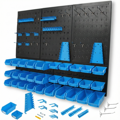 Panel perforado del Pack Brico-Hobbies con cajas de ordenación azules
