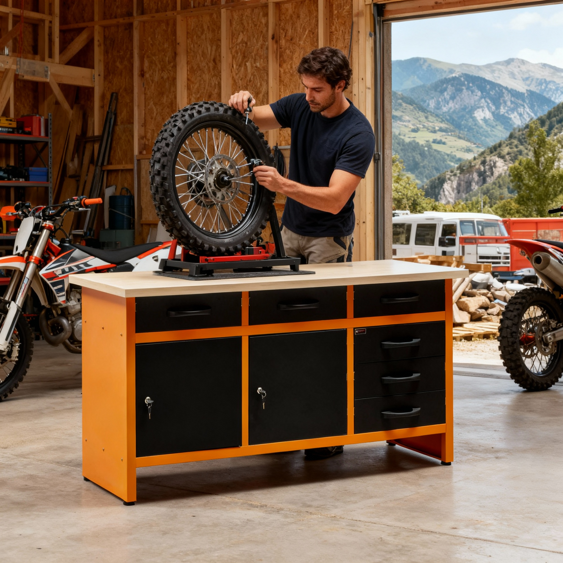Banco de Trabajo Metálico con Cajones y Armarios con Cerradura y Llave - 6 Cajones - MetallMöbell