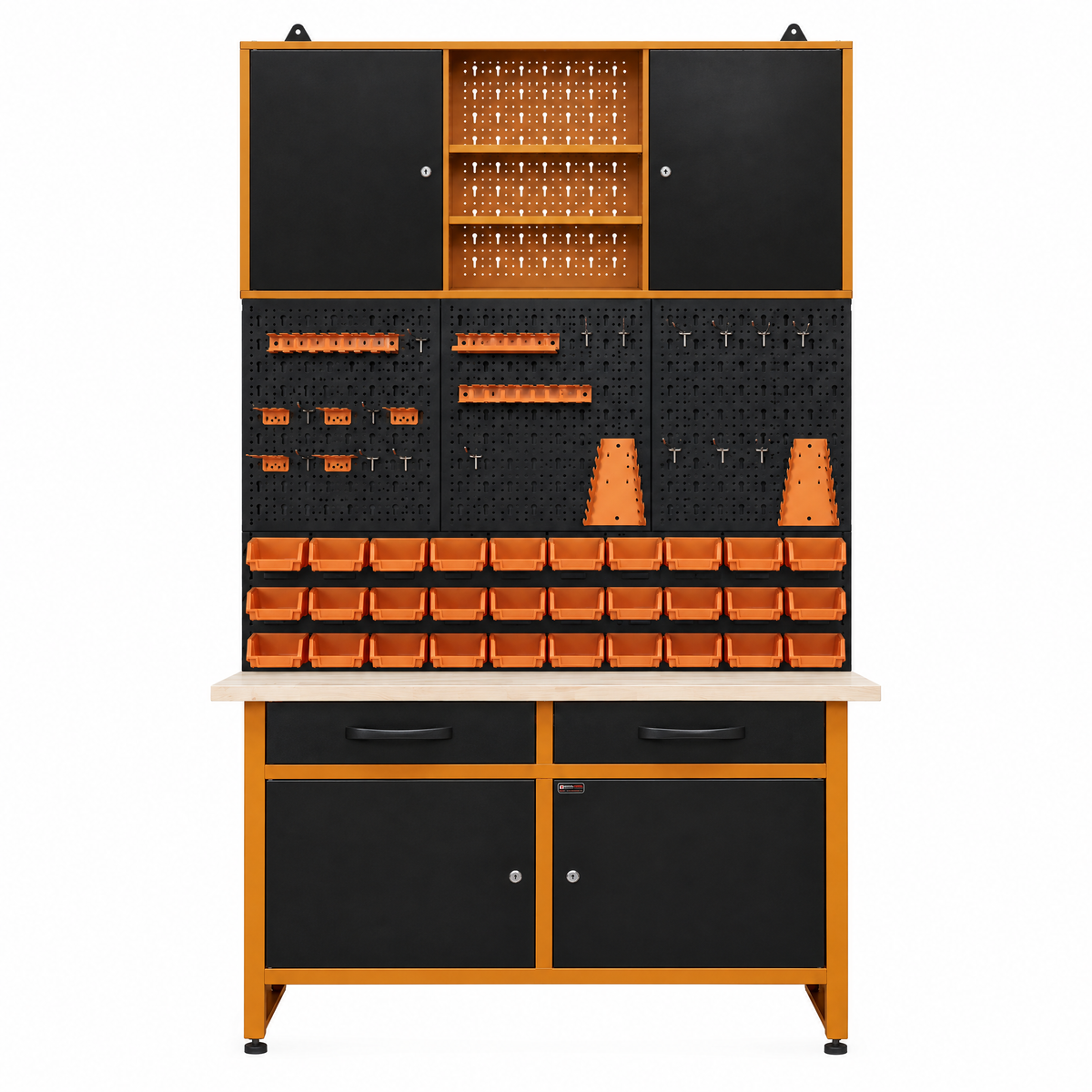 Pack Brico-Hobbies naranja: banco de trabajo compacto con armarios murales, panel perforado y cajas de ordenación