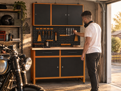 Pack Brico-Motero 2 – Banco de trabajo compacto para garajes pequeños con armarios murales y panel perforado