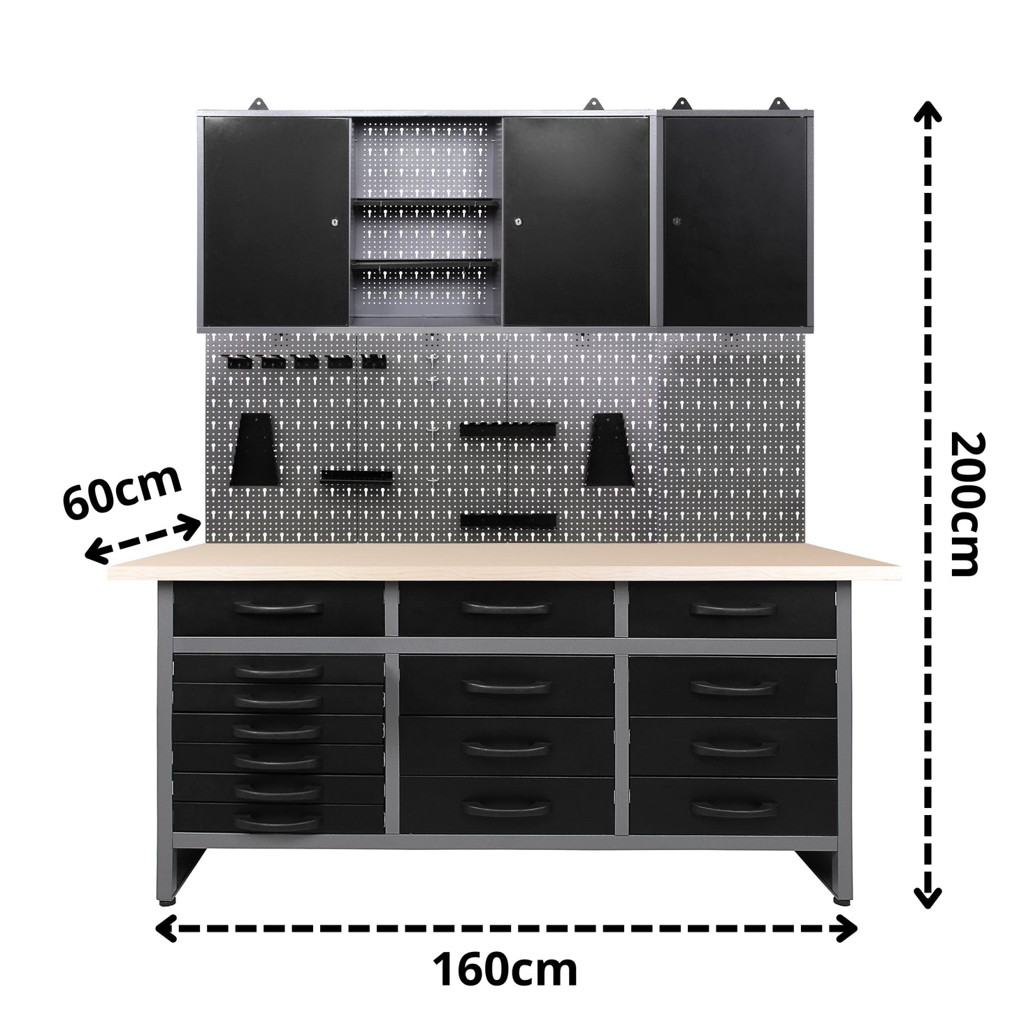 Pacchetto di stoccaggio professionale 1 – Banco da lavoro con 15 cassetti, armadi a muro e pannello forato per i professionisti dello stoccaggio in officina o in garage