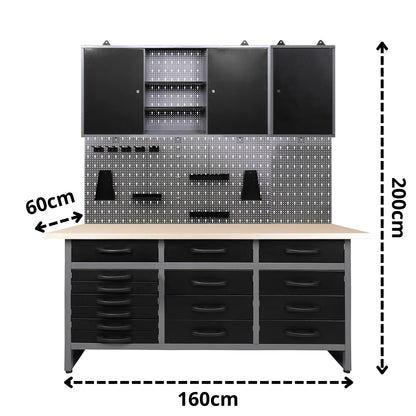 Pacchetto di stoccaggio professionale 1 – Banco da lavoro con 15 cassetti, armadi a muro e pannello forato per i professionisti dello stoccaggio in officina o in garage