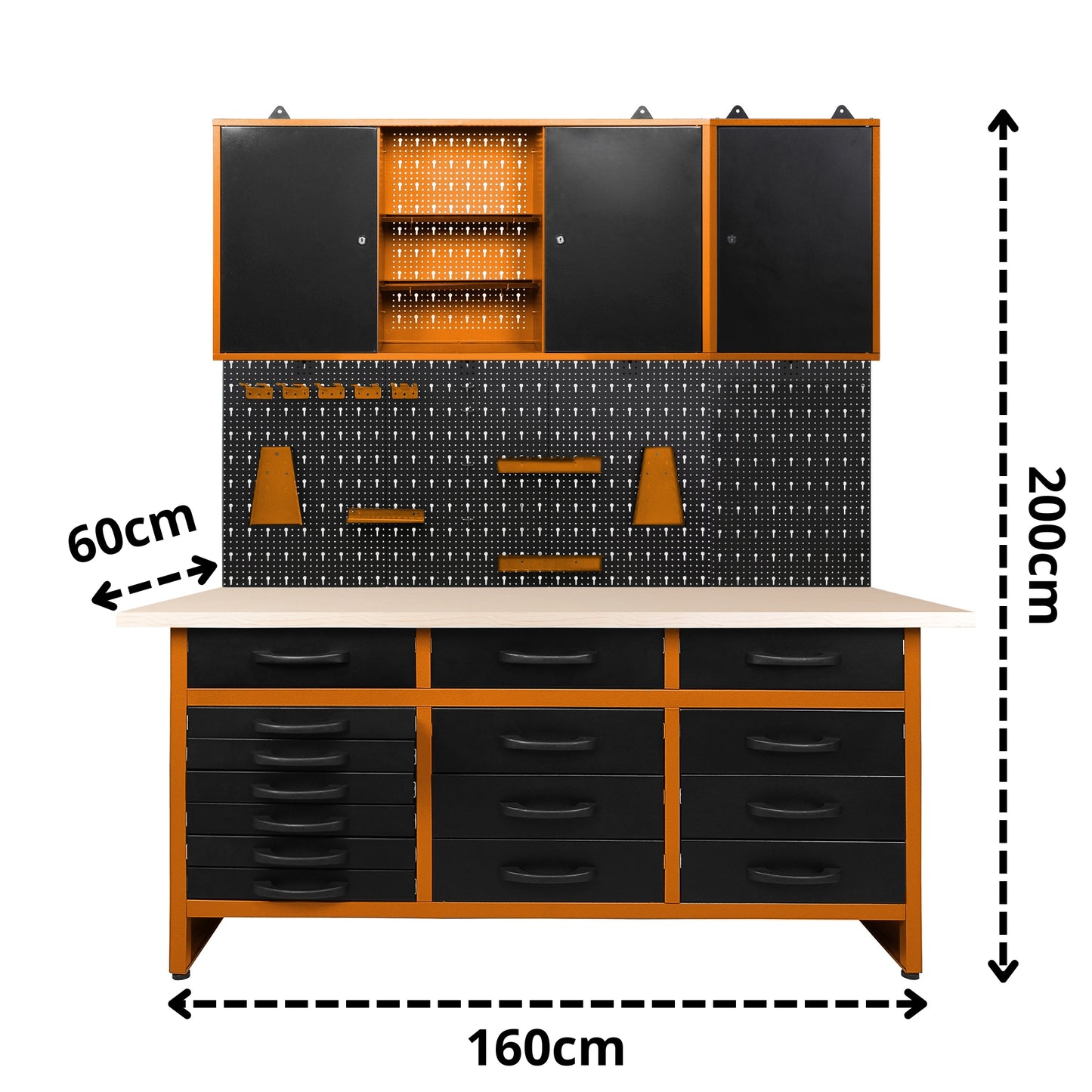 Pacchetto di stoccaggio professionale 1 – Banco da lavoro con 15 cassetti, armadi a muro e pannello forato per i professionisti dello stoccaggio in officina o in garage
