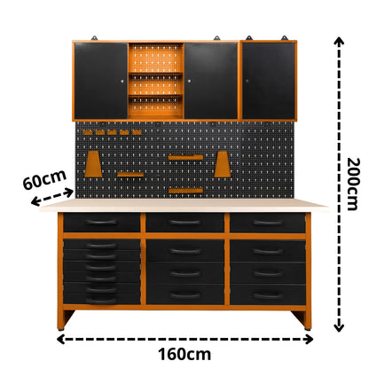 Pacchetto di stoccaggio professionale 1 – Banco da lavoro con 15 cassetti, armadi a muro e pannello forato per i professionisti dello stoccaggio in officina o in garage