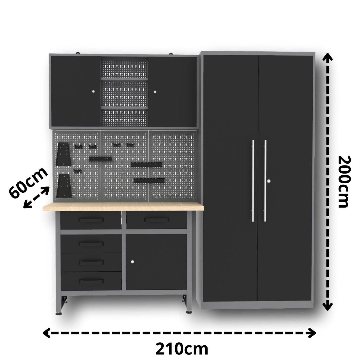 Kit fai da te King Pack 1 – Banco da lavoro con 5 cassetti, mobiletto a muro e mobiletto metallico alto 2 metri per un'organizzazione totale in garage o officina