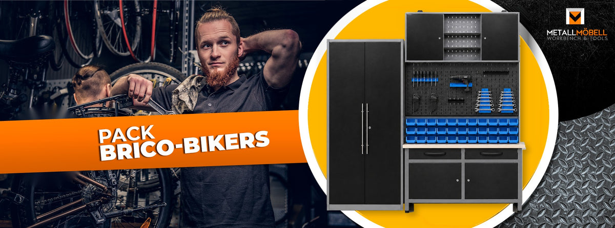 Pack Brico-Bikers: banco de trabajo con cajones y armarios, armario mural, paneles perforados y armario alto