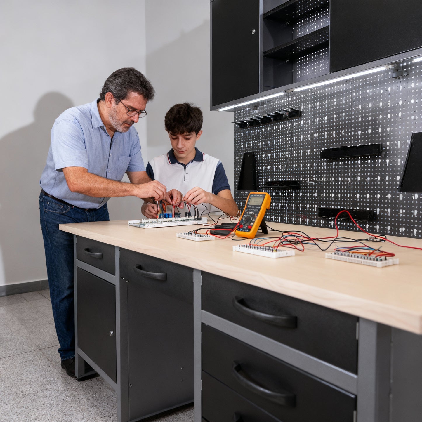 Pacchetto Garage Fai da Te 1 – Banco da lavoro con nicchia centrale, pannelli forati e armadietti metallici con serratura per officine e garage