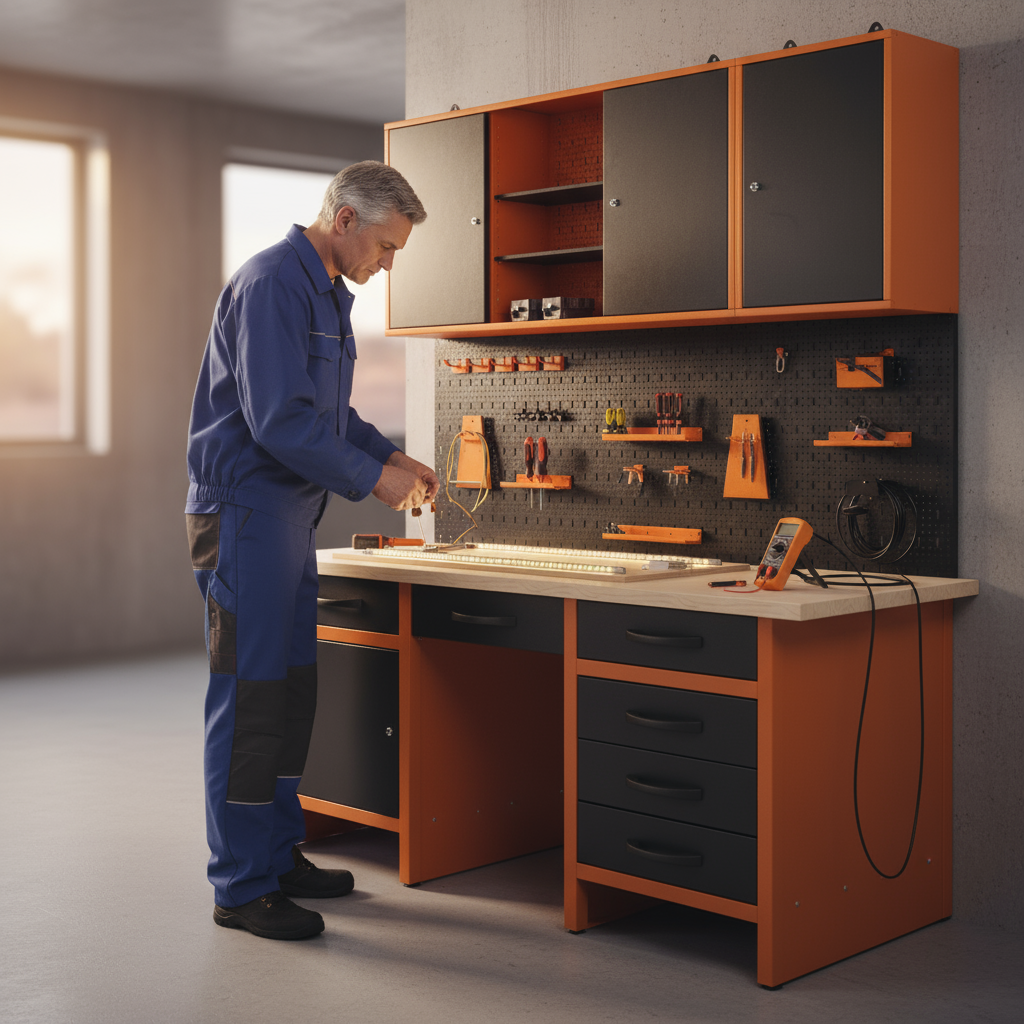 Pacchetto Garage Fai da Te 1 – Banco da lavoro con nicchia centrale, pannelli forati e armadietti metallici con serratura per officine e garage