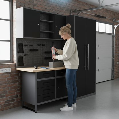 Brico Bikers 2 Pack – Banco da lavoro compatto con carrello portautensili, pensili e mobiletto alto in metallo per un'organizzazione professionale in garage o officina