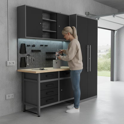 Pack Rey del Bricolaje: Banco de trabajo con 5 cajones y armarios para garaje y taller