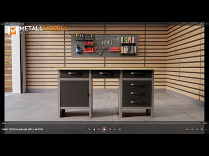 Pacchetto Garage Fai da Te 1 – Banco da lavoro con nicchia centrale, pannelli forati e armadietti metallici con serratura per officine e garage