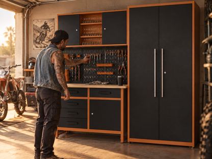 Pack Rey del Bricolaje: Banco de trabajo con 5 cajones y armarios para garaje y taller