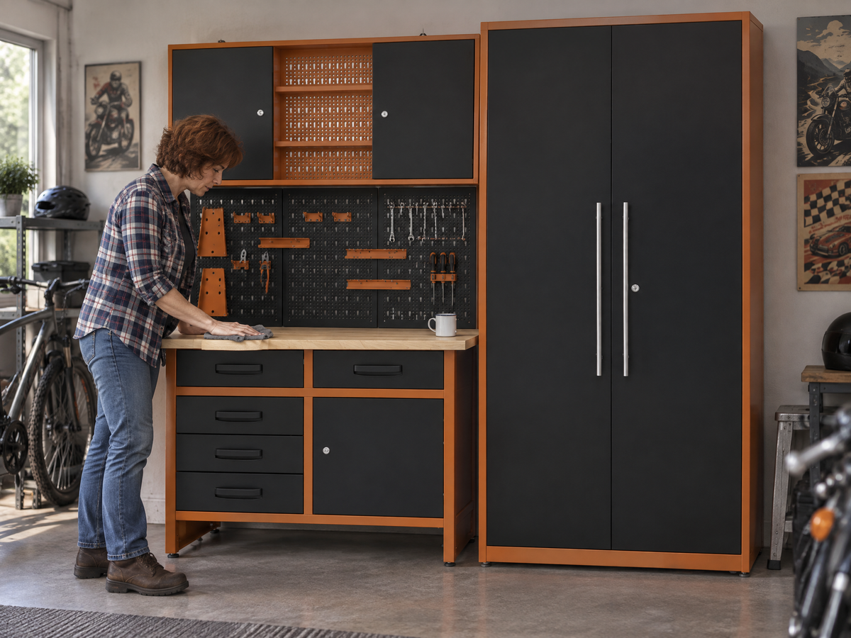 Pack Rey del Bricolaje: Banco de trabajo con 5 cajones y armarios para garaje y taller