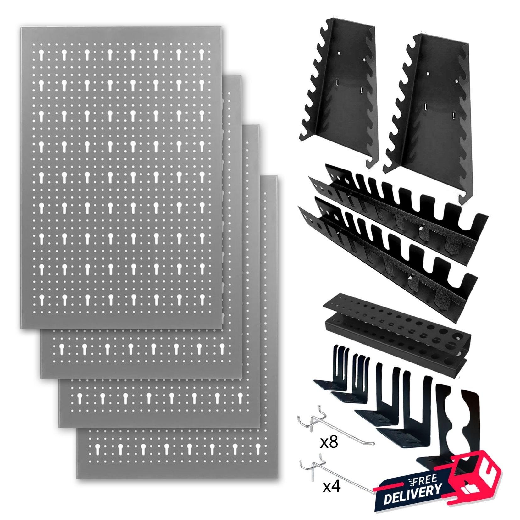 Kit de 4 Paneles Perforados 40x60x2Cm+ Kit de ganchos y soportes Ordenación  Herramientas 22uds. HPTH001G Y HPT001N.